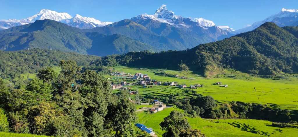 a scenic view of a green valley with mountains in the background